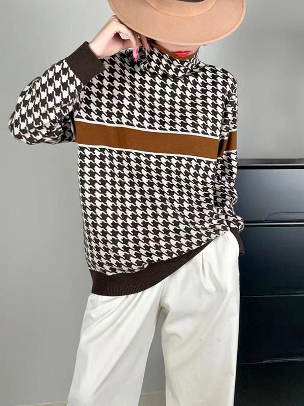 Long Sleeves Loose Contrast Color Houndstooth Split-Joint High Neck Pullovers Sweater Tops Product Image