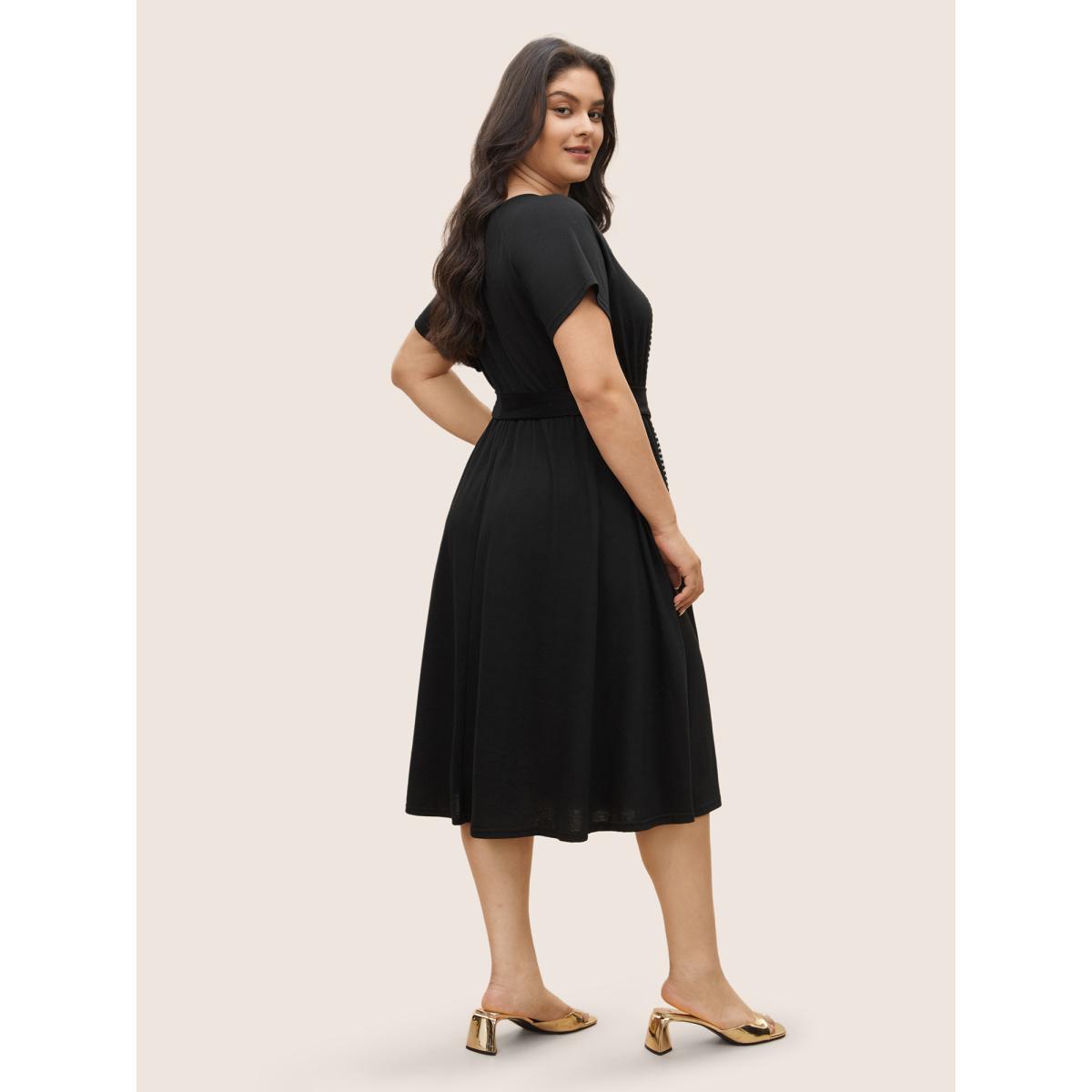 Plus Size Striped Patchwork Keyhole Belted Raglan Sleeve Dress Black Women At the Office Non Notched collar Short sleeve Curvy Midi Dress BloomChic 28/5X Product Image