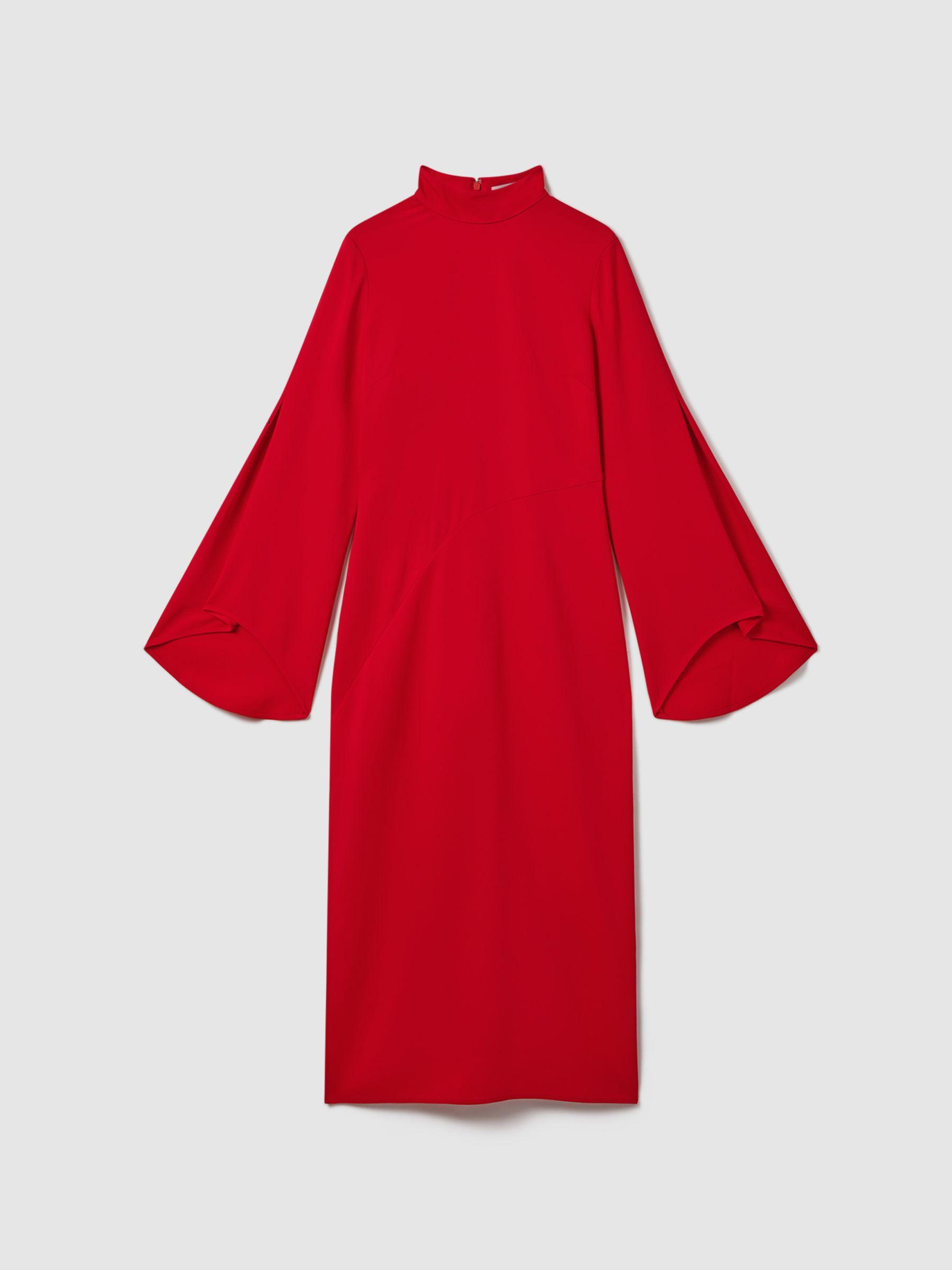 Flute Sleeve Bodycon Midi Dress in Red Product Image