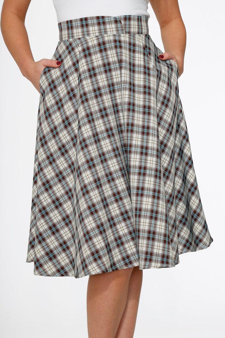 White & Brown Plaid Swing Skirt Product Image
