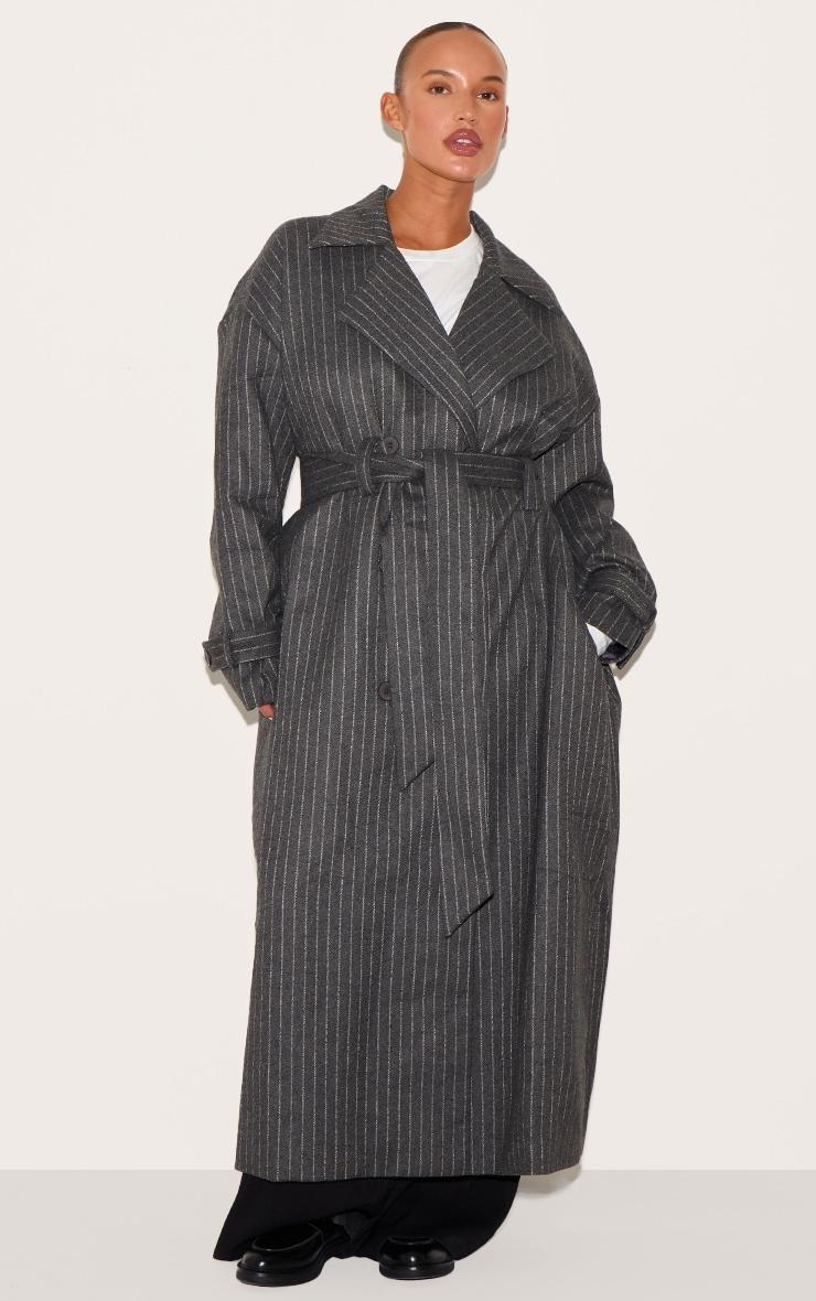 Plus Charcoal Pinstripe Wool Look Double Breasted Belted Coat Product Image