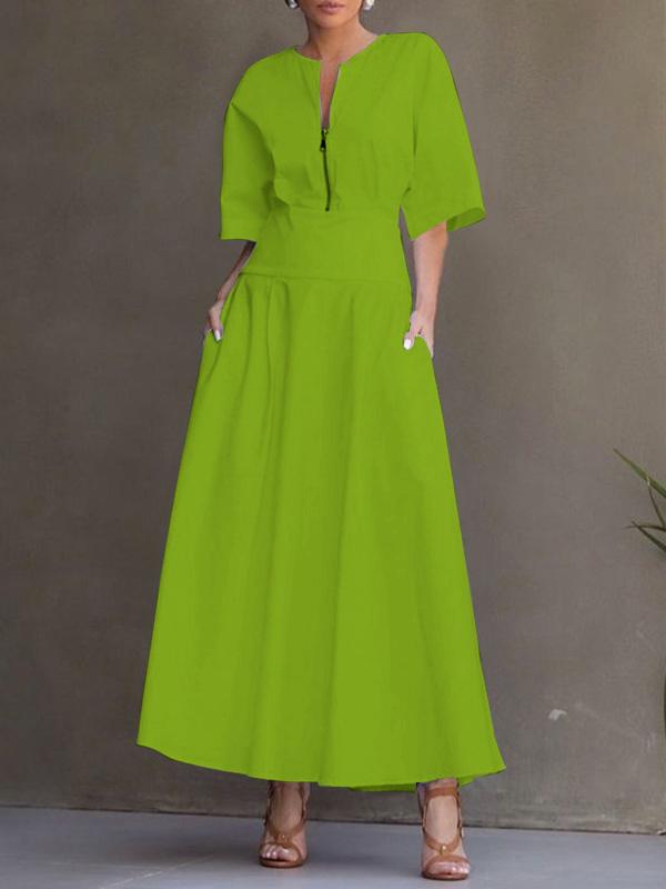 Half Sleeves Loose Solid Color Zipper Round-Neck Maxi Dresses Product Image