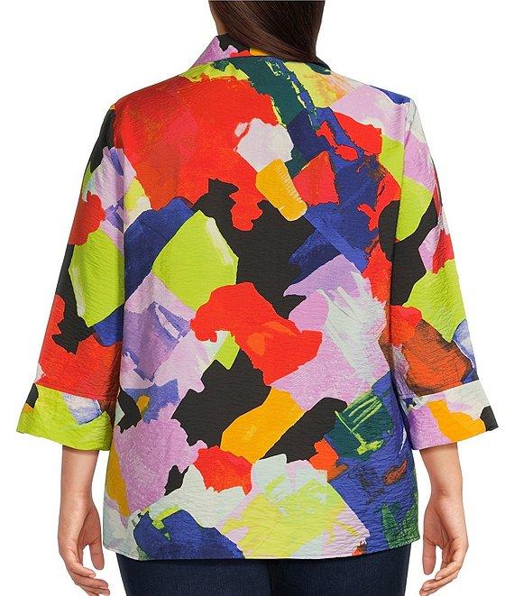 Ali Miles Plus Size Woven Abstract Print Point Collar 3/4 Sleeve Button Front Tunic Product Image