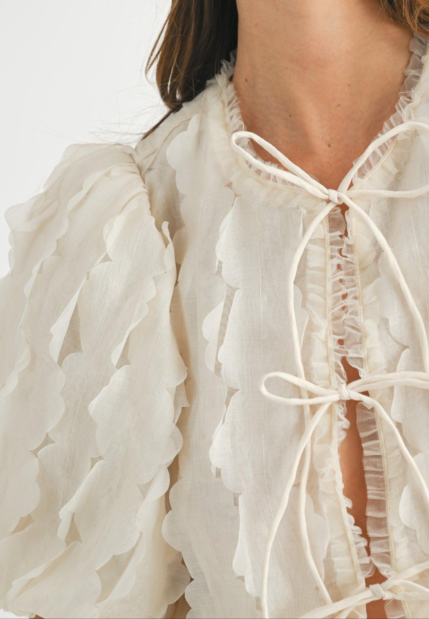 Textured Scallop Puff Sleeve Blouse Top Product Image