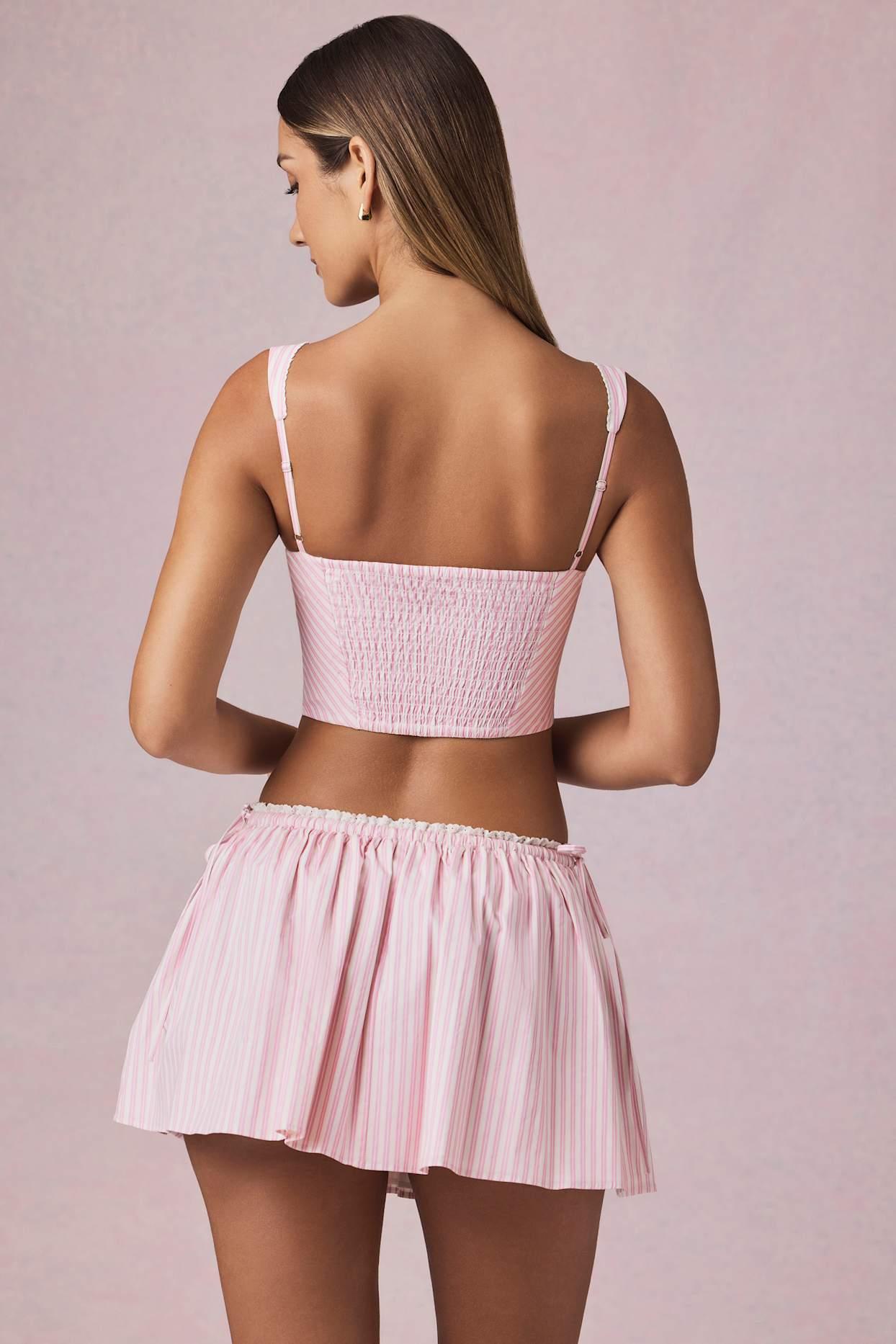 Ruched Drawstring Mini Skirt in Soft Mauve Stripe Product Image
