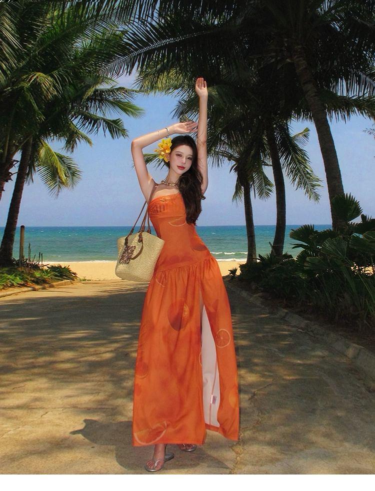 Strapless Printed Slit Midi A-Line Dress Product Image