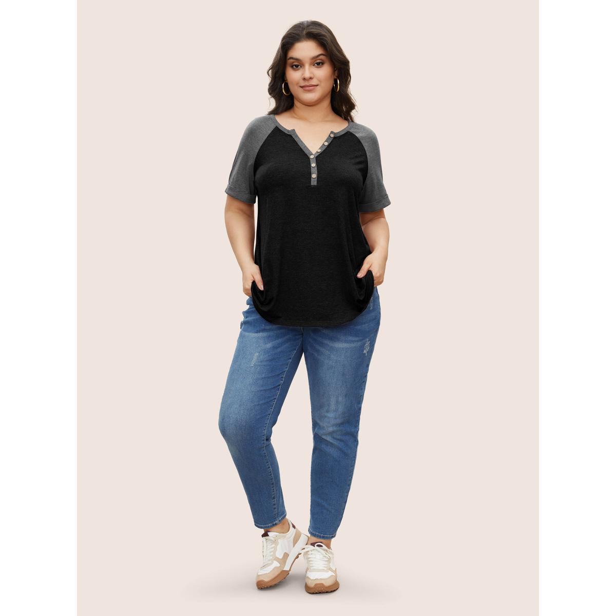 Plus Size Colorblock Contrast Roll Raglan Sleeve Button Detail Notched T-shirt Black Women Casual Contrast Colorblock Round Neck Everyday T-shirts BloomChic 12/L Product Image
