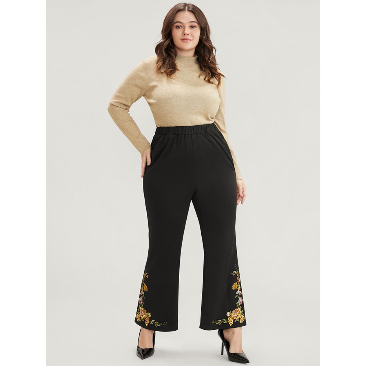 Plus Size Floral Embroidered Pocket Elastic Waist Bootcut Pants Women Black Elegant Bootcut Mid Rise Dailywear Pants BloomChic 22-24/3X Product Image