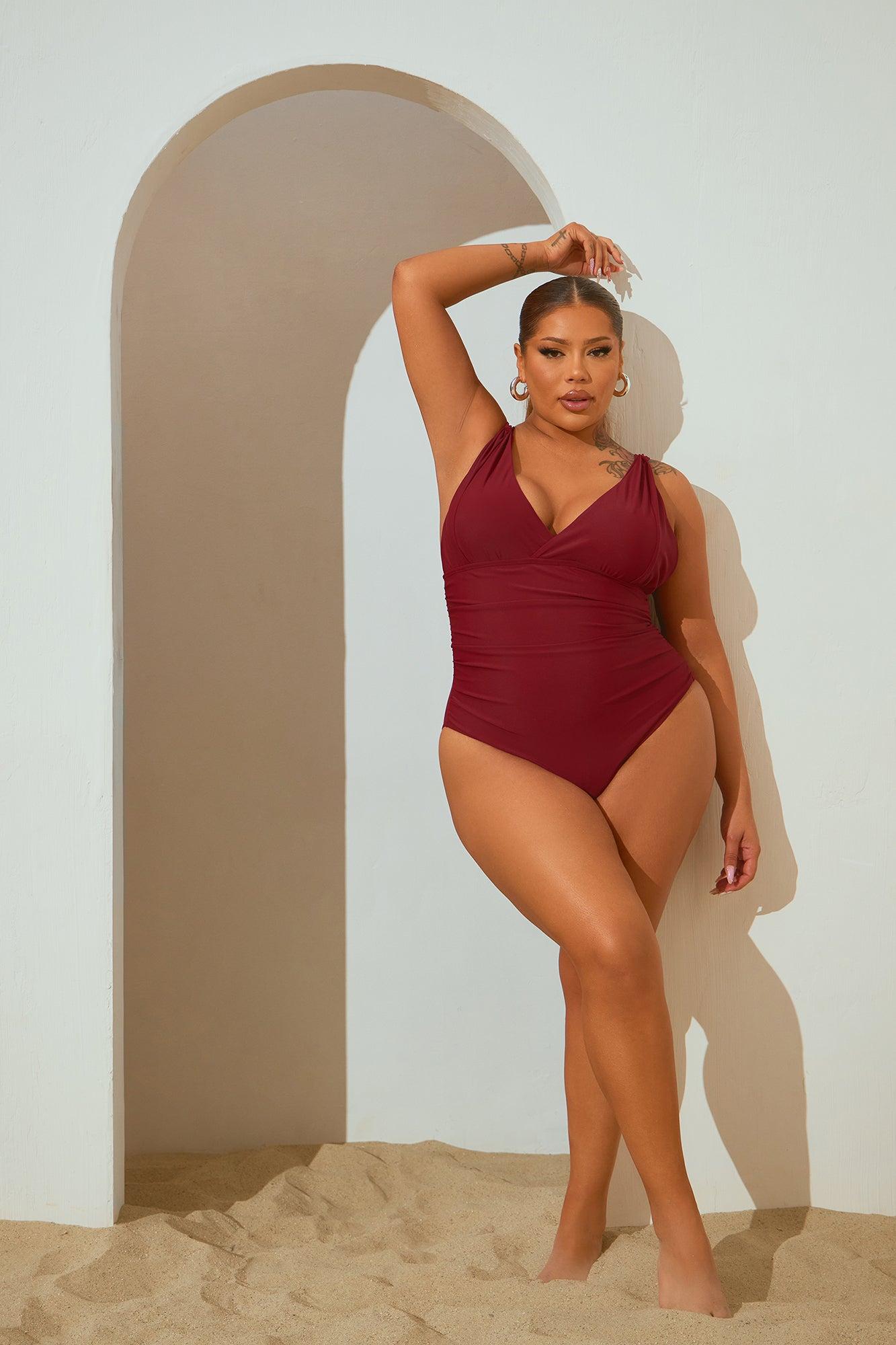 Myra Draped 1 Piece Swimsuit - Burgundy Product Image