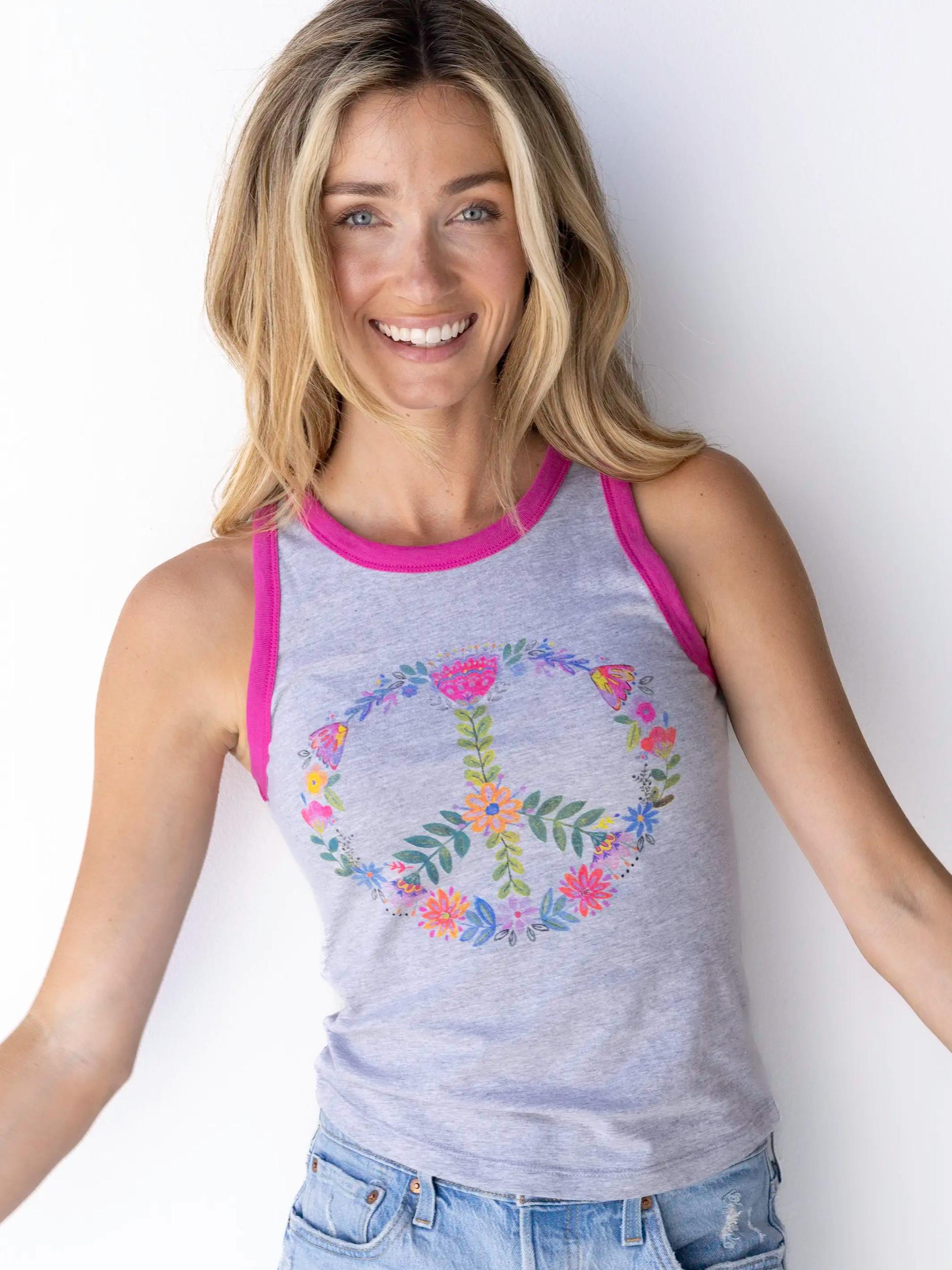 Ringer Tank Top - Grey Peace Sign Product Image