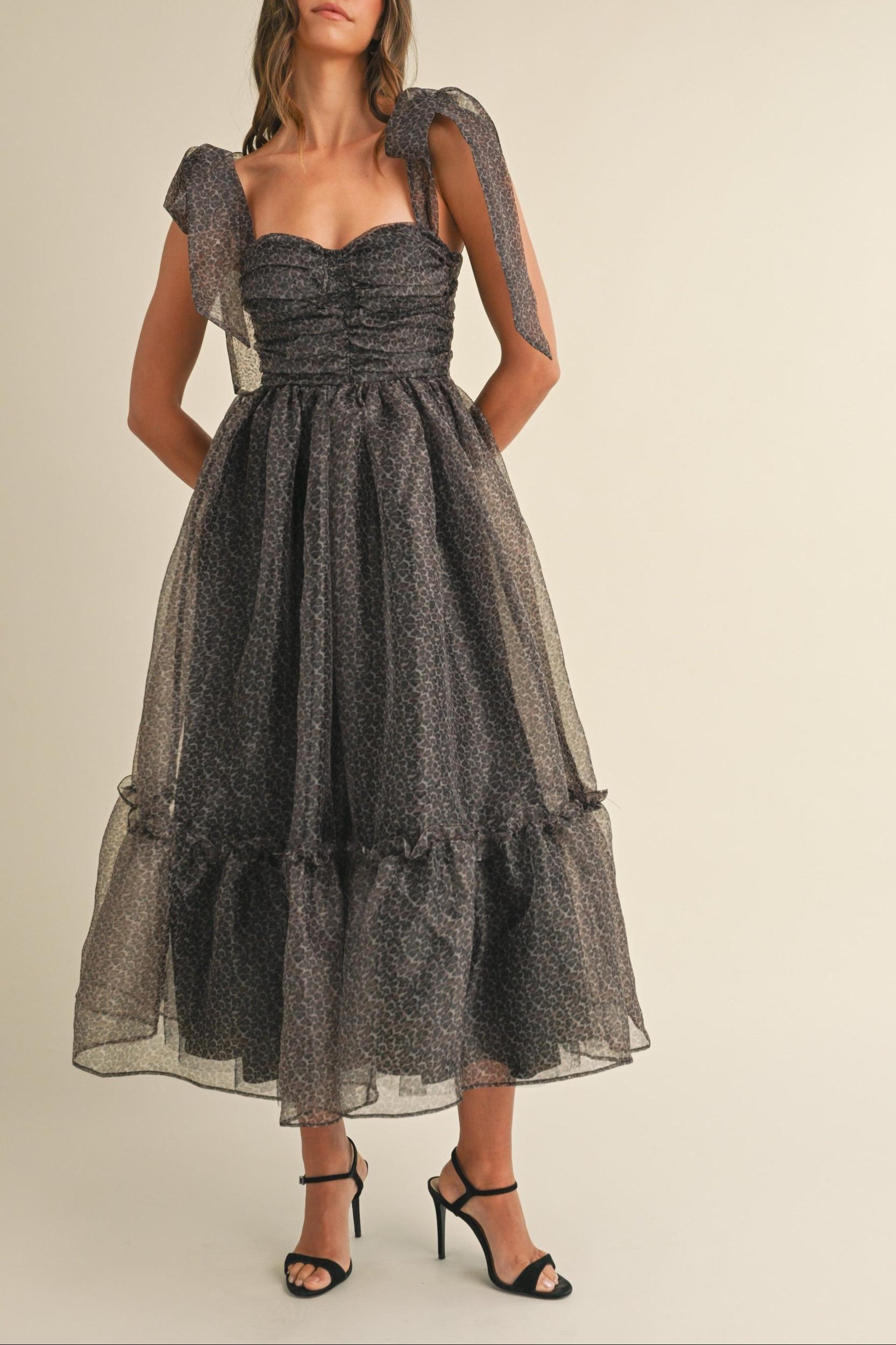 Leopard Print Tie Shoulder Organza Maxi Dress Product Image