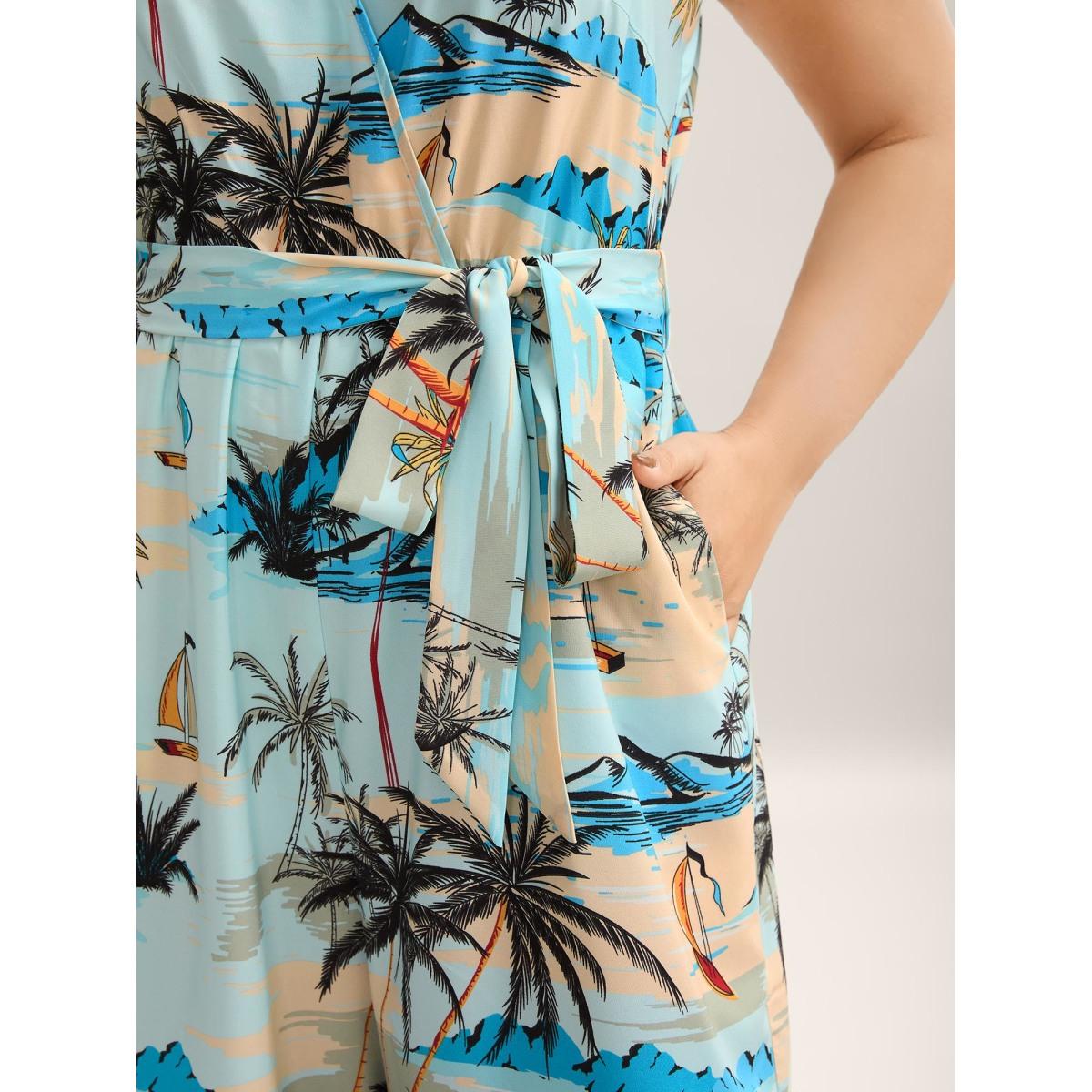 Plus Size Multicolor Tropical Print Stretchy Waist Pockets Jumpsuit Women Sleeveless Overlap Collar Vacation Loose Jumpsuits BloomChic 10/M Product Image