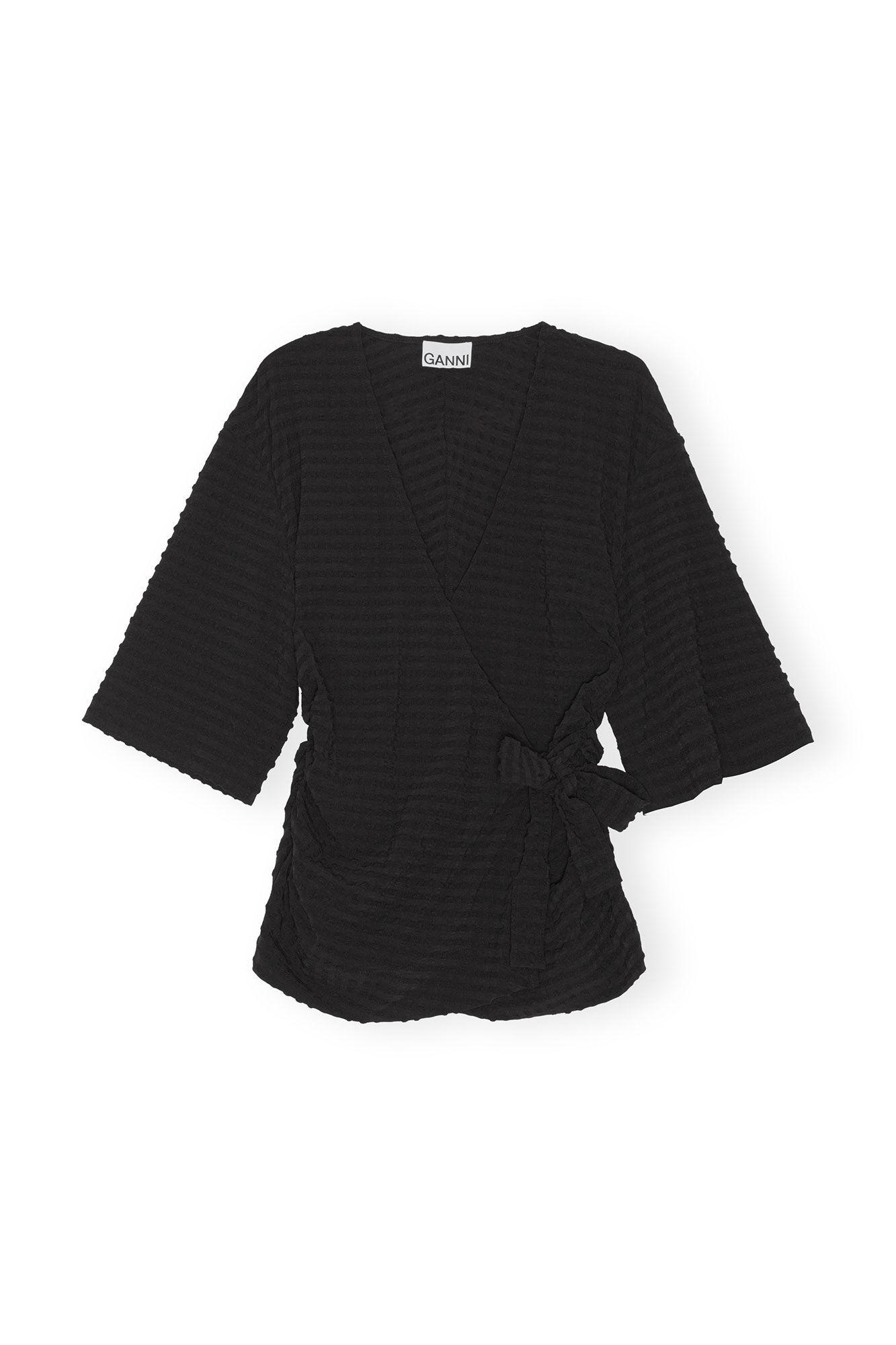 Black Stretch Seersucker Wrap Blouse Product Image