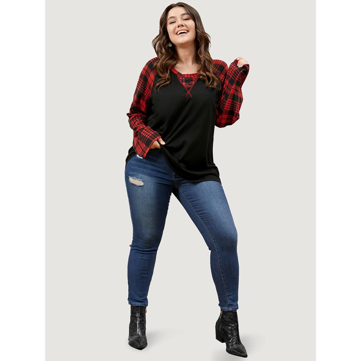 Plus Size Plaid Patchwork Bell Sleeve Long Tee Black Women Casual Contrast Plaid Round Neck Dailywear T-shirts BloomChic 26/4X Product Image