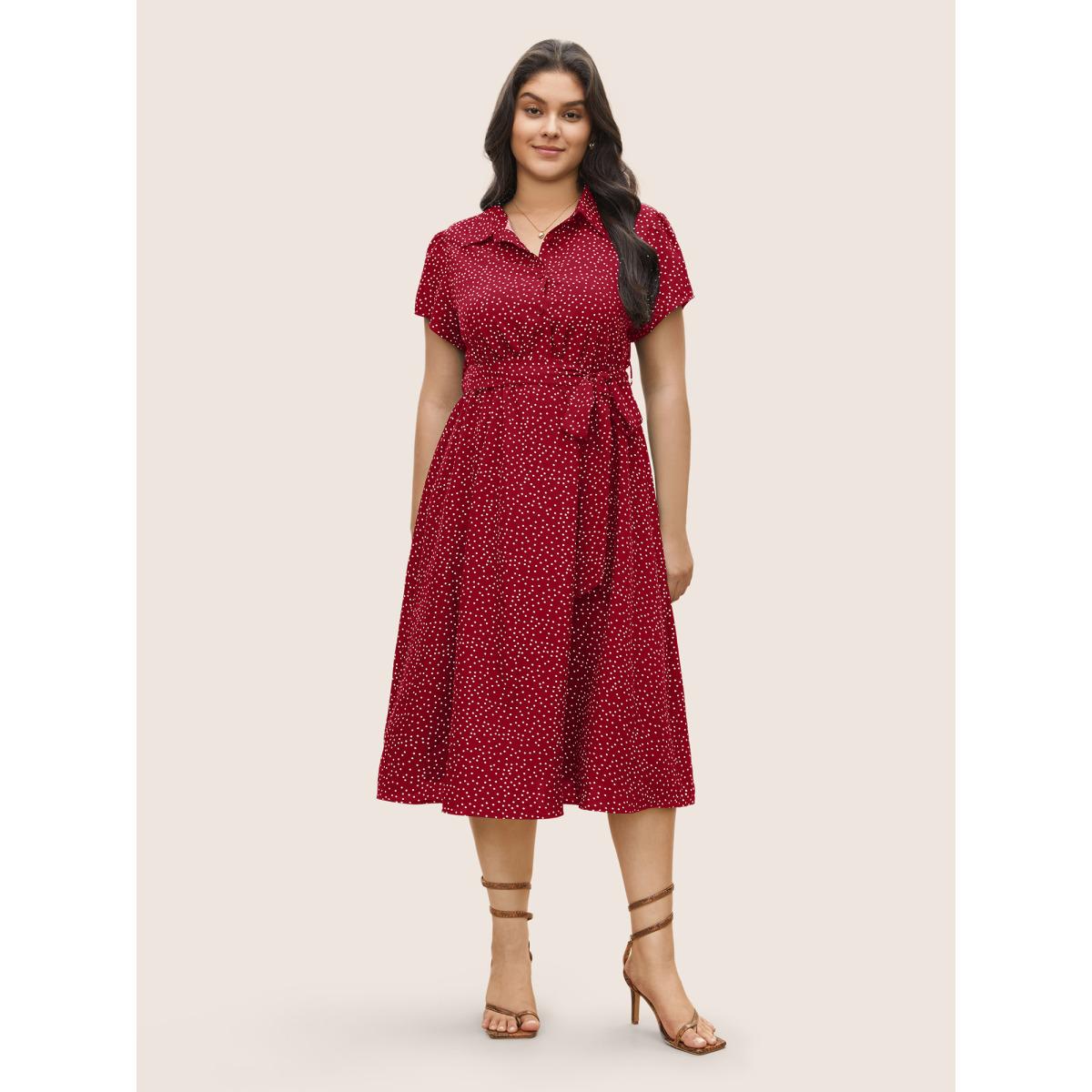 Plus Size Polka Dot Shirt Collar Pocket Button Up Dress Brightred Women At the Office Non Shirt collar Short sleeve Curvy Midi Dress BloomChic 14-16/1X Product Image