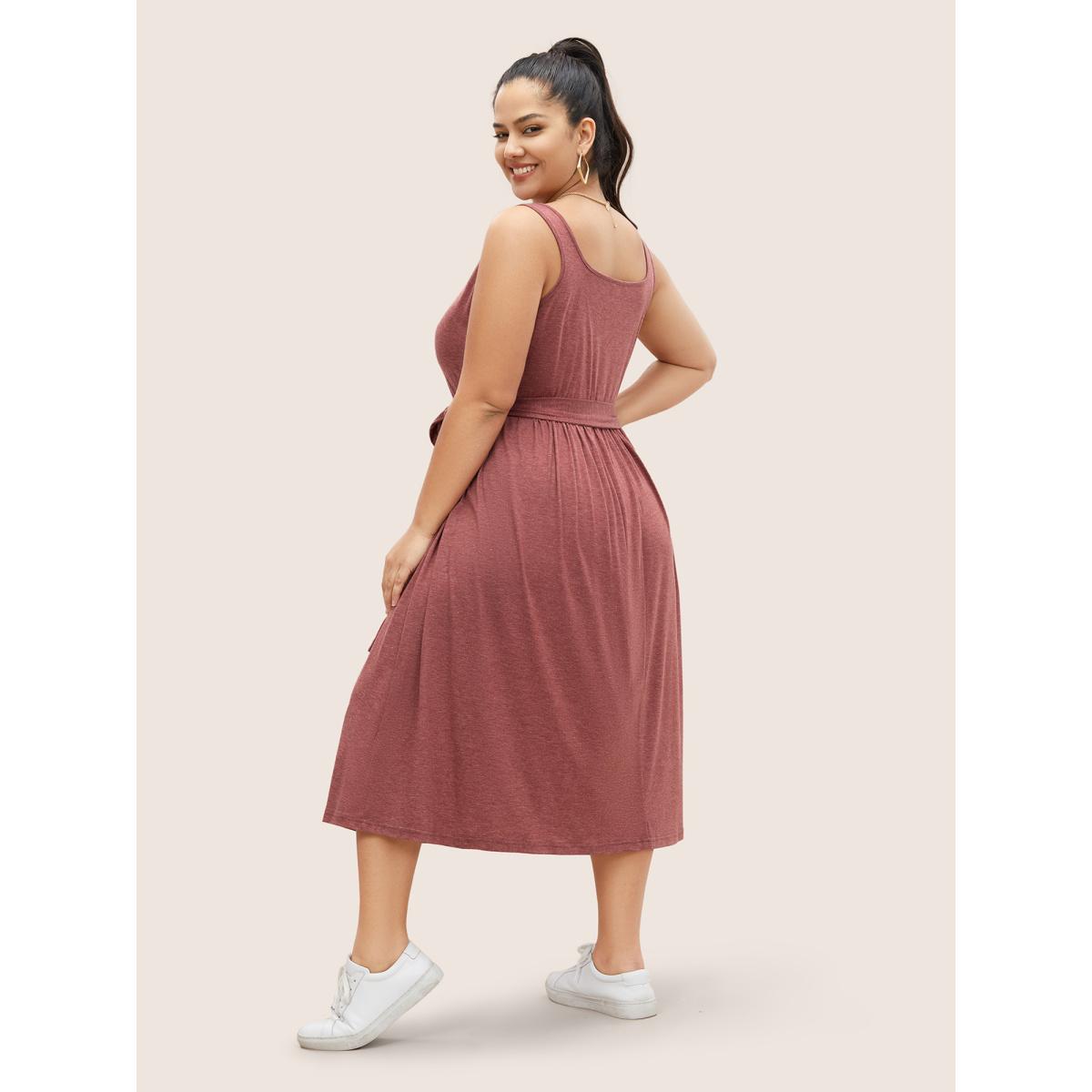 Plus Size Supersoft Essentials Button Detail Belted Gathered Dress Scarlet Women Casual Gathered Square Neck Sleeveless Curvy Midi Dress BloomChic 12/L Product Image