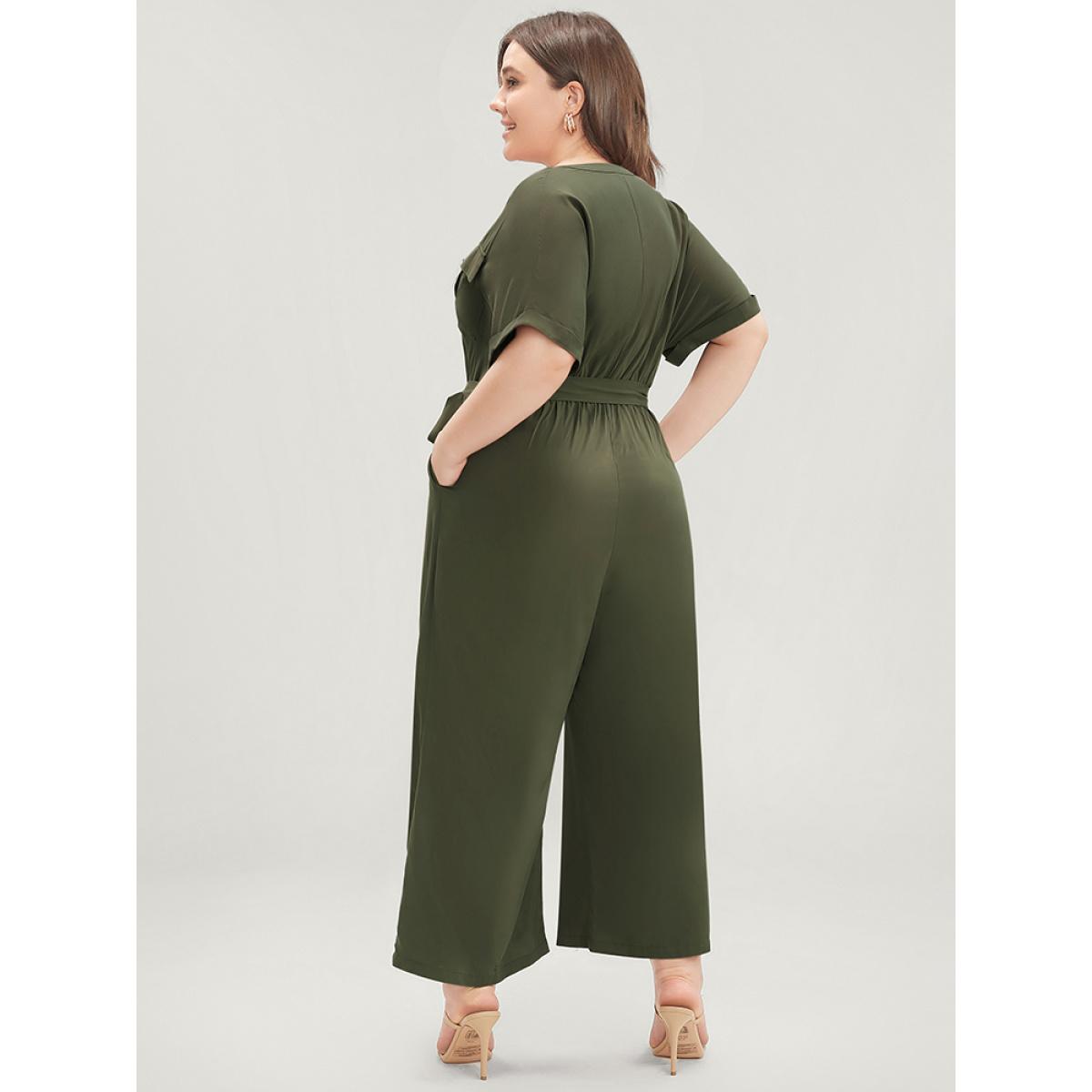 Plus Size ArmyGreen Plain Flap Pocket Belted Button Up Jumpsuit Women Office Short sleeve V-neck Office Loose Jumpsuits BloomChic 22-24/3X Product Image