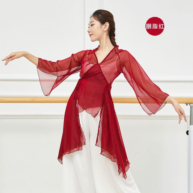 Flared-Sleeve V-Neck Plain Asymmetrical Dance Top Product Image