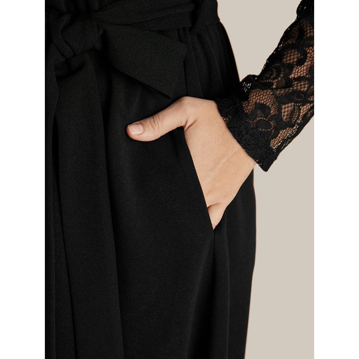 Plus Size Solid Pocket Lace Belted Flutter Dress Black Women Elegant Cut-Out V-neck Long Sleeve Curvy Midi Dress BloomChic 14-16/1X Product Image