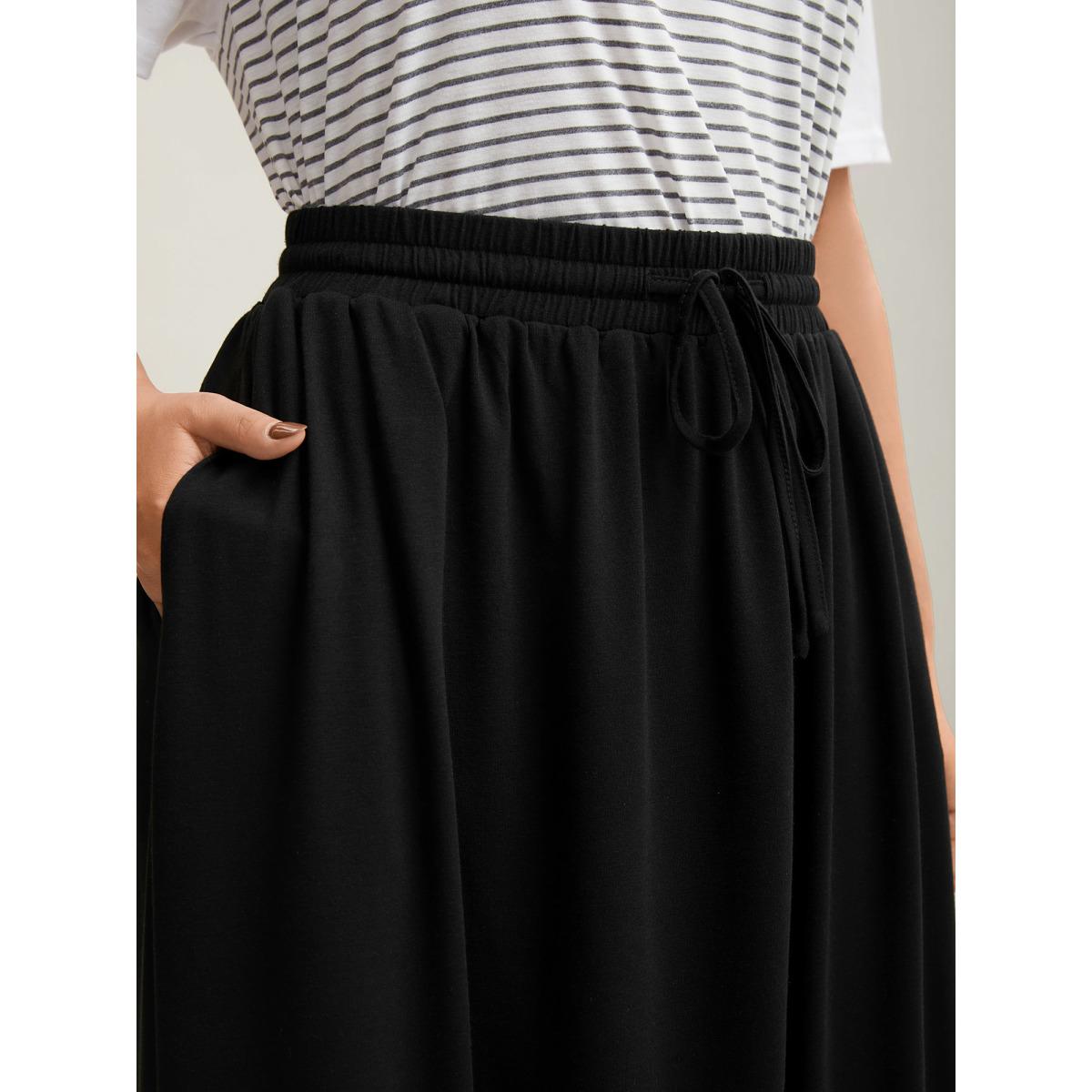 Plus Size Supersoft Waist-Tie A-Line Maxi Skirt Women Black Leisure Drawstring Medium stretch Slanted pocket Casual Skirts BloomChic 12/L Product Image