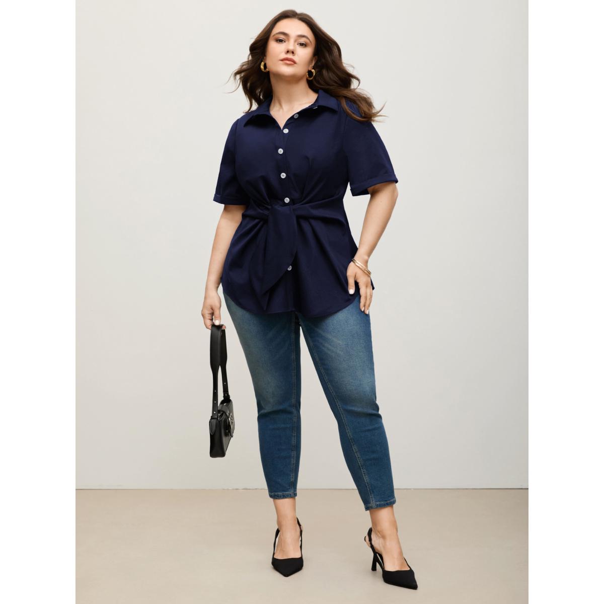 Plus Size Black Knotted Front Asymmetrical Hem Blouse Women Office Short sleeve Shirt collar Office Blouses BloomChic 14-16/1X Product Image