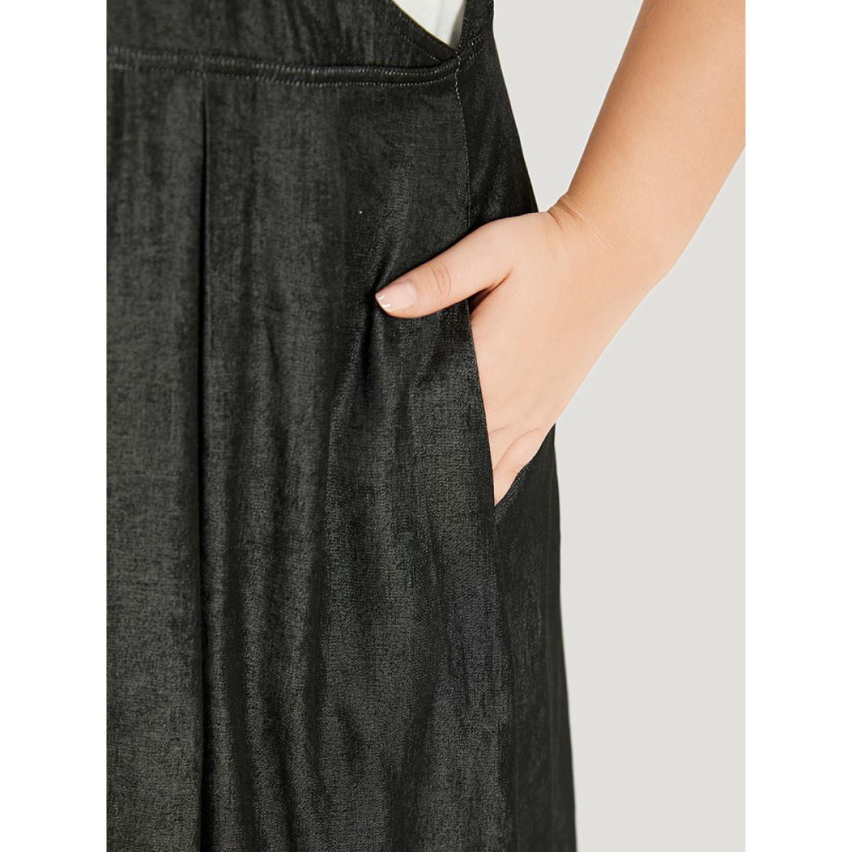 Plus Size Solid Sleeveless Gathered Pocket Overall Midi Dress Black Women Casual Adjustable Straps Spaghetti Strap Sleeveless Curvy Midi Dress BloomChic 18-20/2X Product Image