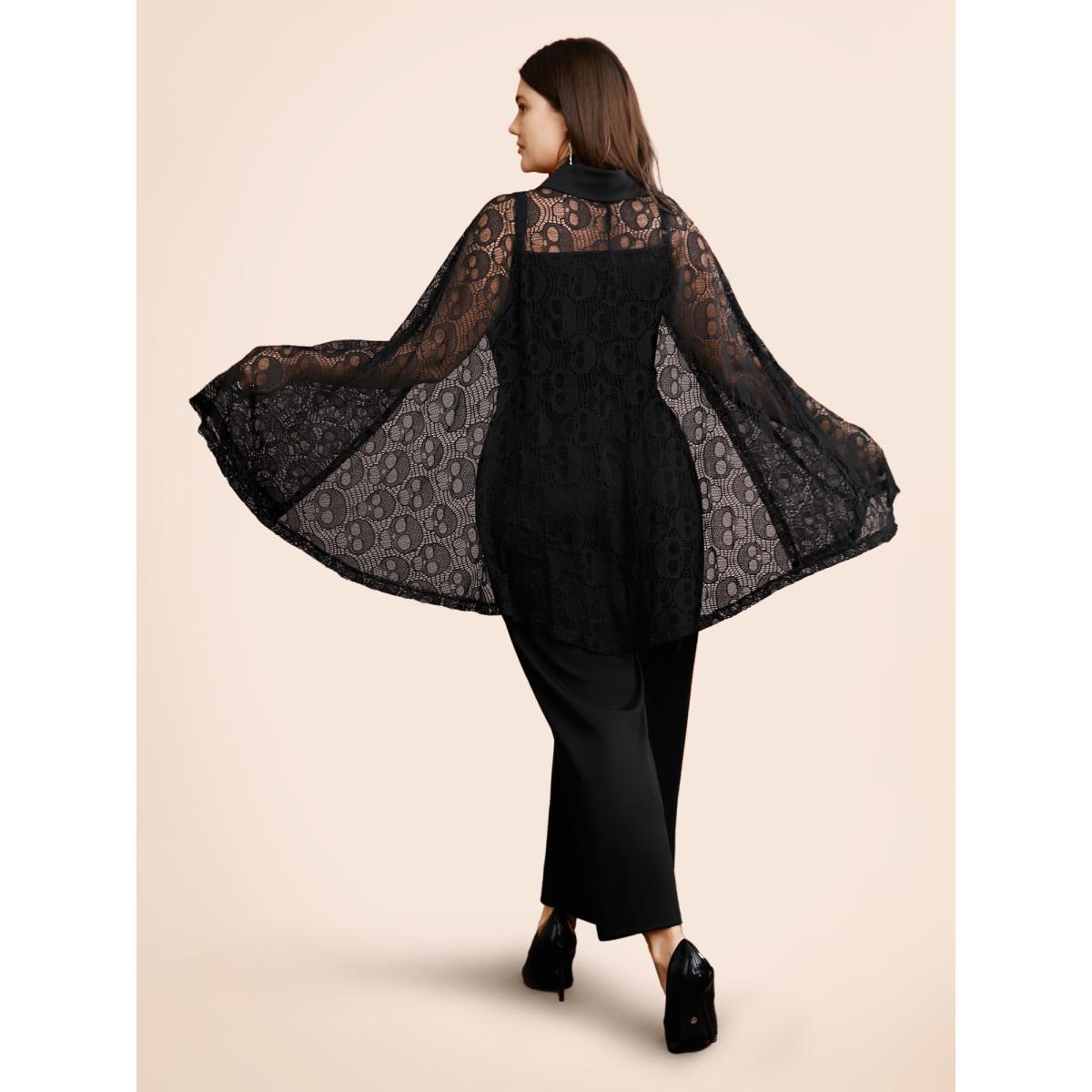 Plus Size Black Stretch Fabric Ghostly Cape With Jumpsuit Women Cocktail Sleeveless Shirt collar Party Loose Jumpsuits BloomChic 14-16/1X Product Image