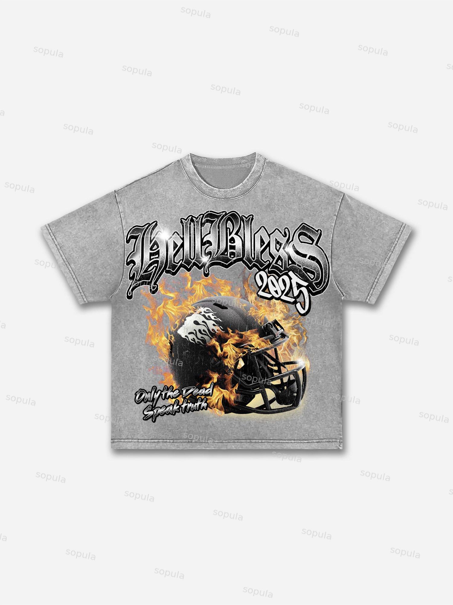 Hellbless Flame Rugby Helmet Vintage Old Graphic Acid Wash T-shirt Product Image