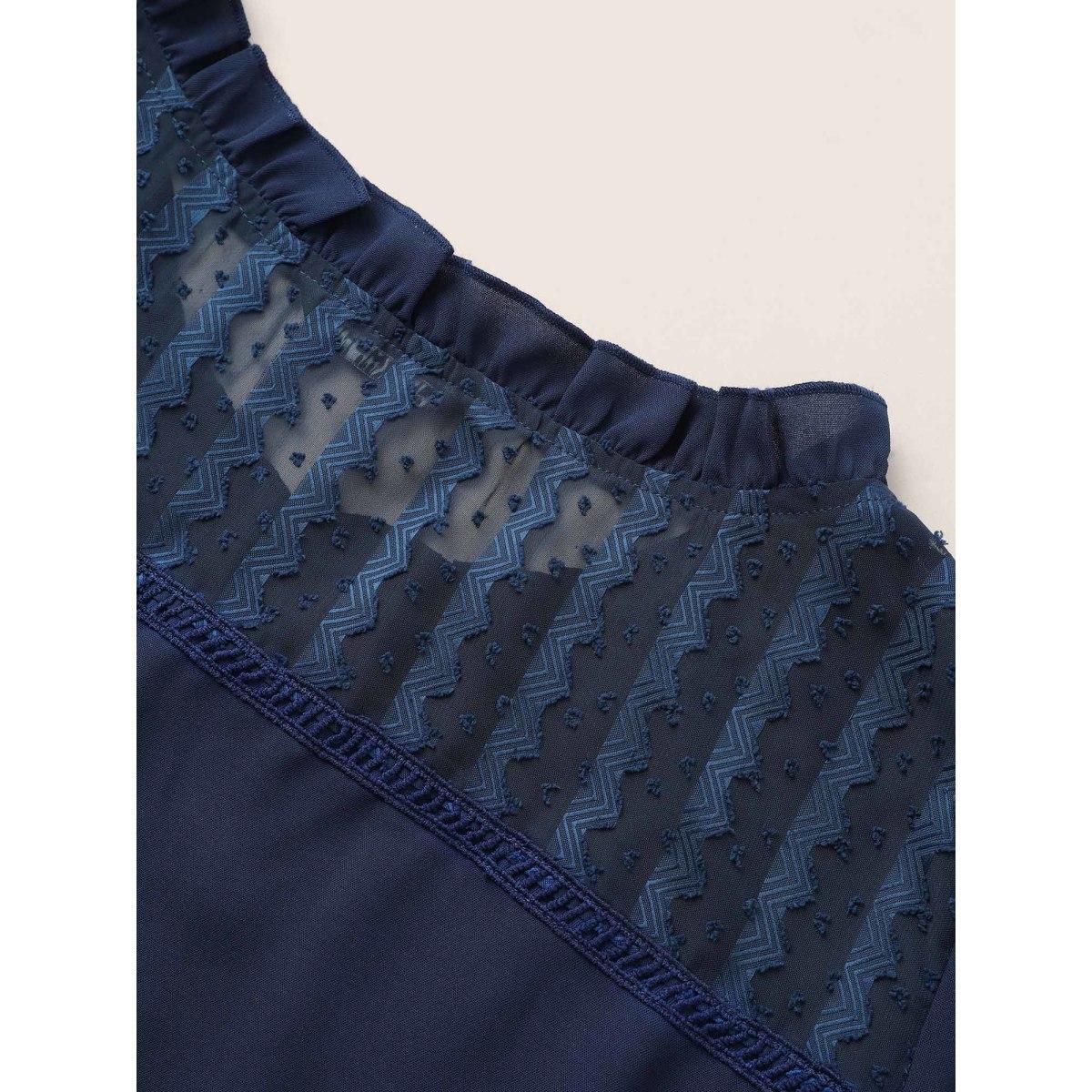 Plus Size Indigo Plain Mesh Lace Patchwork Pleated Frill Trim Blouse Women Casual Short sleeve Stand-up collar Everyday Blouses BloomChic 12/L Product Image