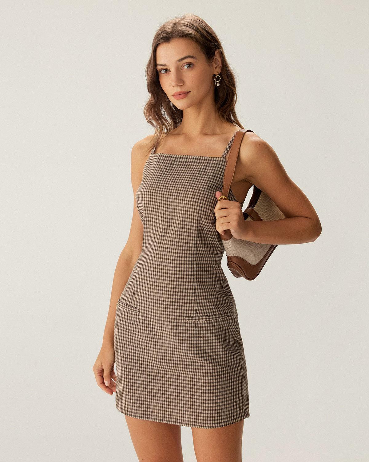 Brown Plaid Slip Mini Dress Product Image