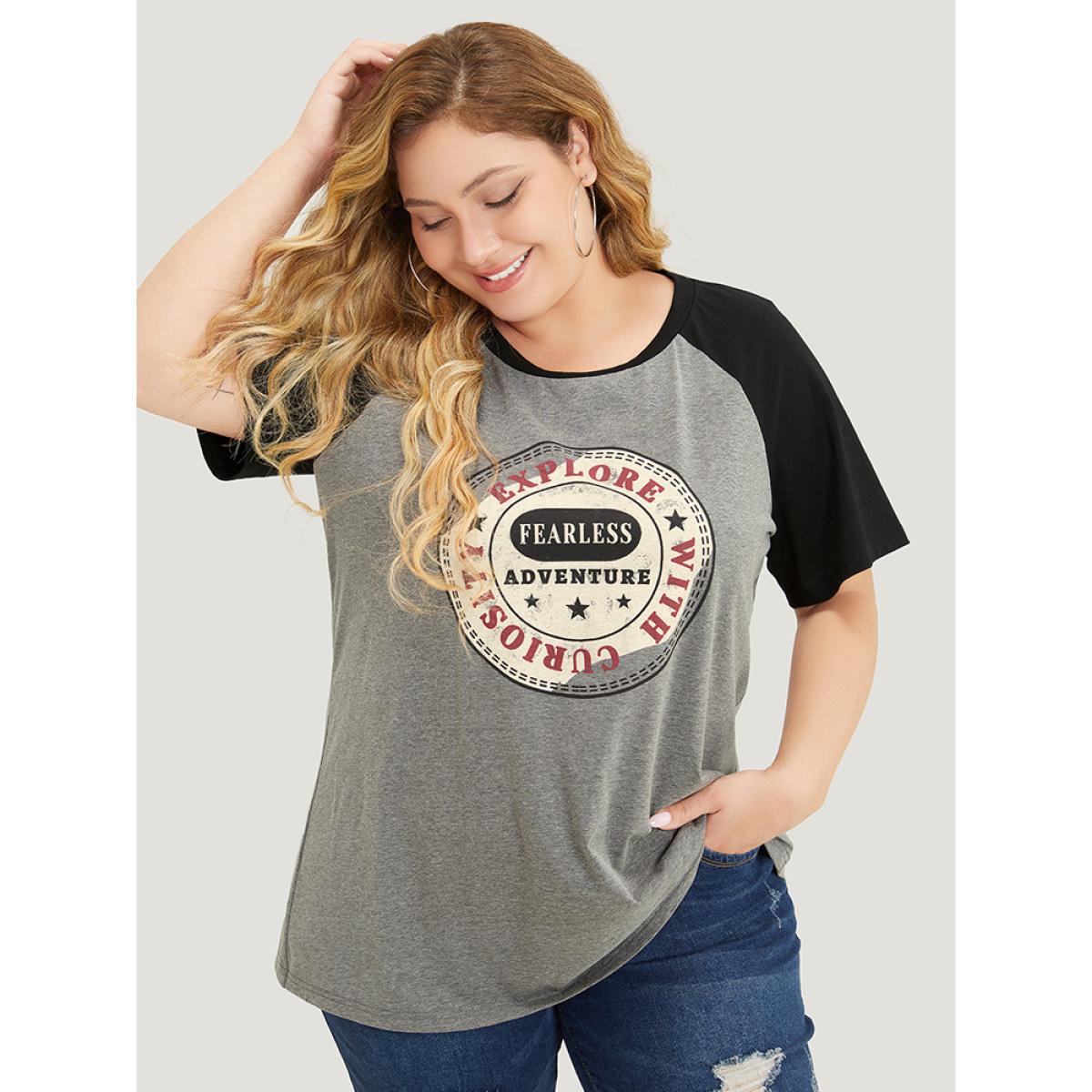Plus Size Graphic Print Contrast Raglan Sleeve T-shirt Gray Women Casual Contrast Area Dailywear T-shirts BloomChic 30/6X Product Image