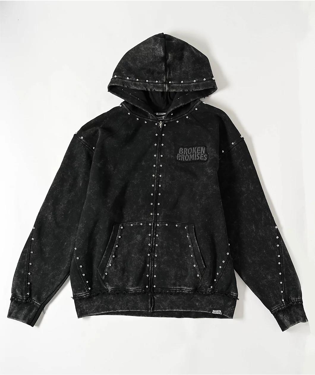 Broken Promises Adorned Black Wash Zip Hoodie Product Image