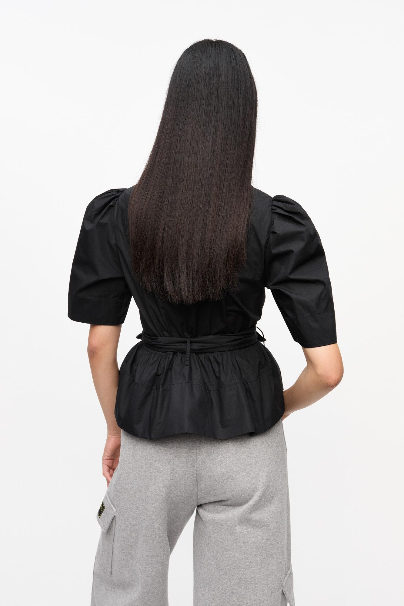 Black Stretch Cotton Tie Strap Blouse Product Image