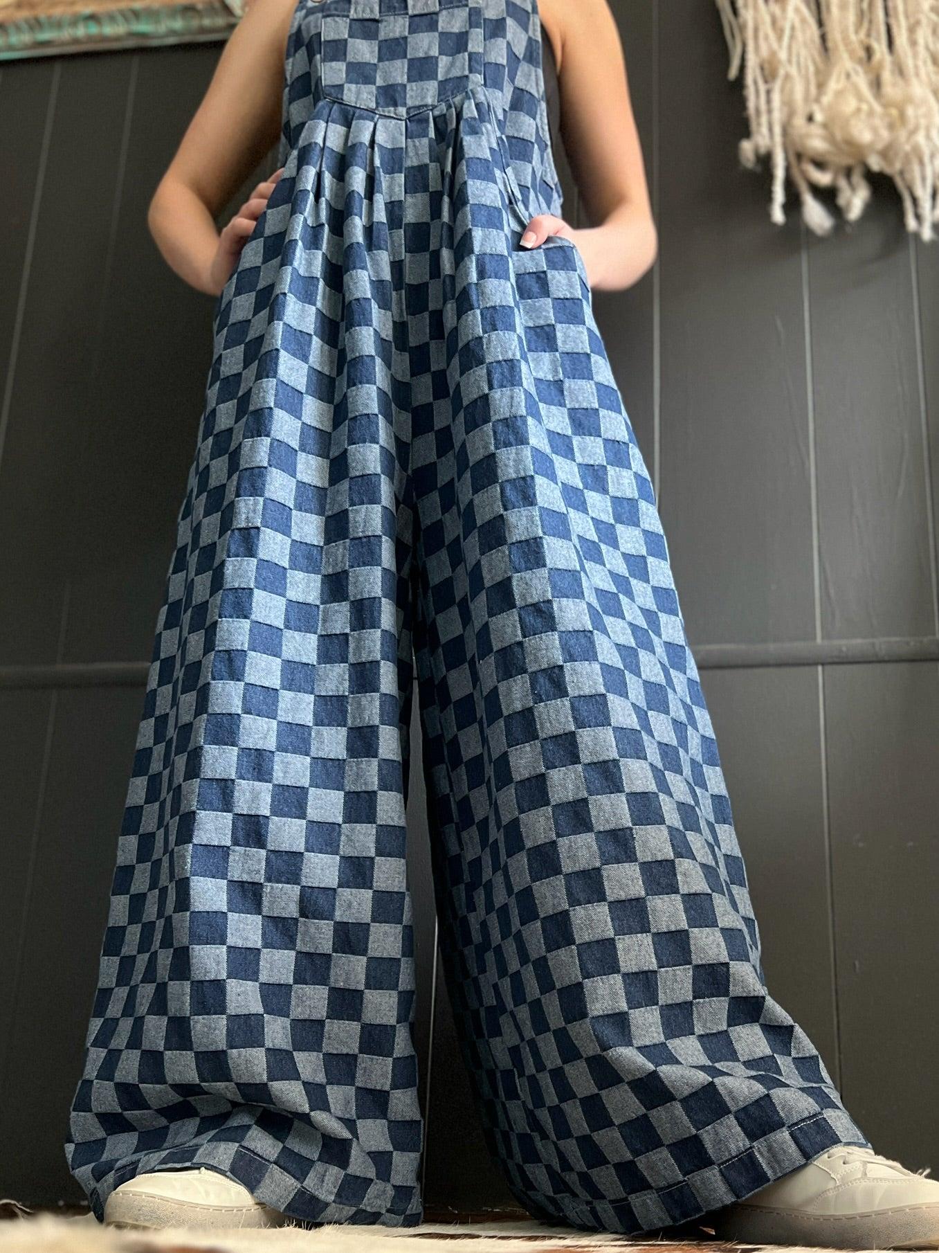 Denim Checkered Wide Leg Overalls* Product Image