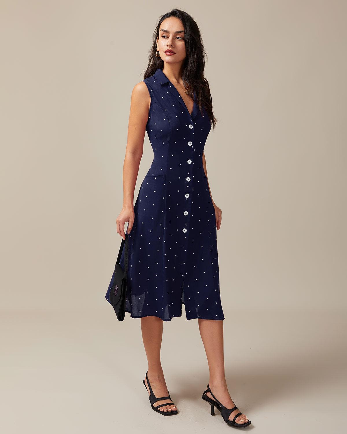 Navy V Neck Polka Dot Tie Back Midi Dress Product Image