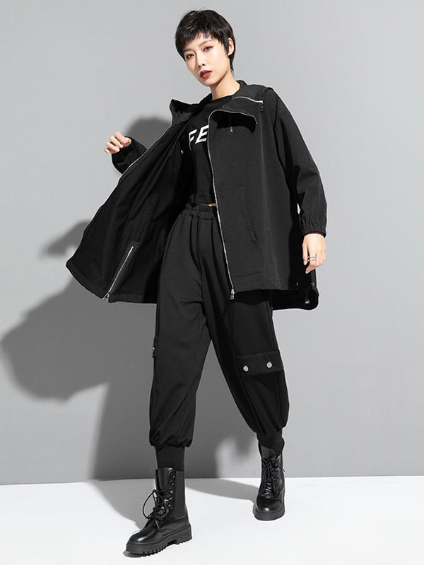 Fashion Irregularity Loose Solid Color Zipper Hooded Outerwear Product Image