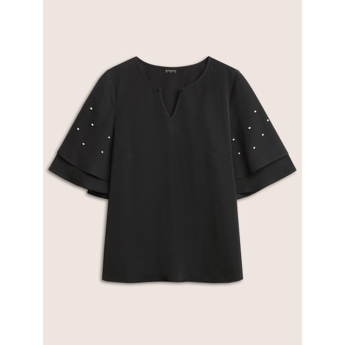 Plus Size Black Solid Pearl Beaded Ruffle Layered Sleeve Blouse Women Elegant Short sleeve V-neck Everyday Blouses BloomChic 12/L Product Image