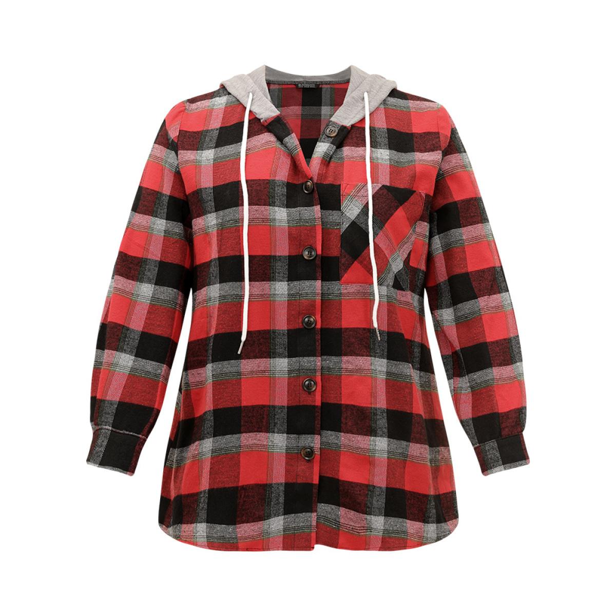 Plus Size Plaid Patchwork Hooded Drawstring Button Through Jacket Women Red Casual Jackets BloomChic 30/6X Product Image