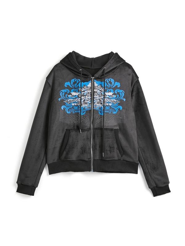 Grunge Rhinestone Print Zip Up Hoodie Product Image