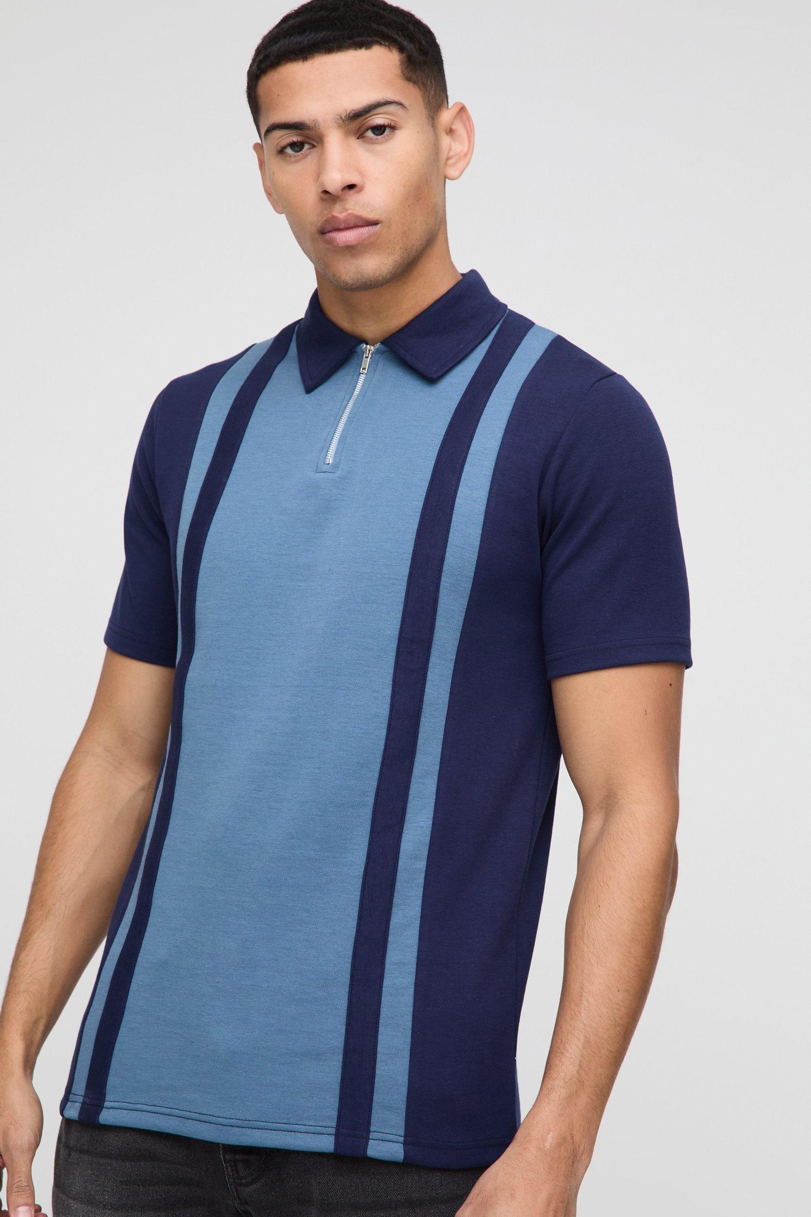 Slim Panelled Zip Neck Interlock Polo | boohooMAN USA Product Image