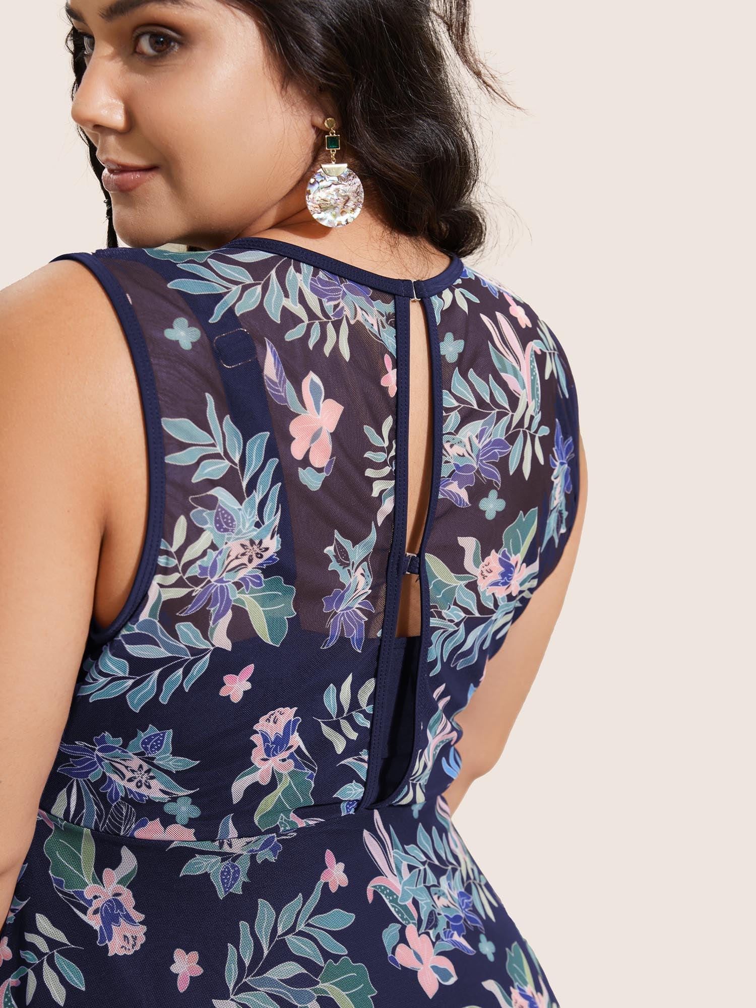 U Neck Tropical Print See Through Swim Dress Female Product Image