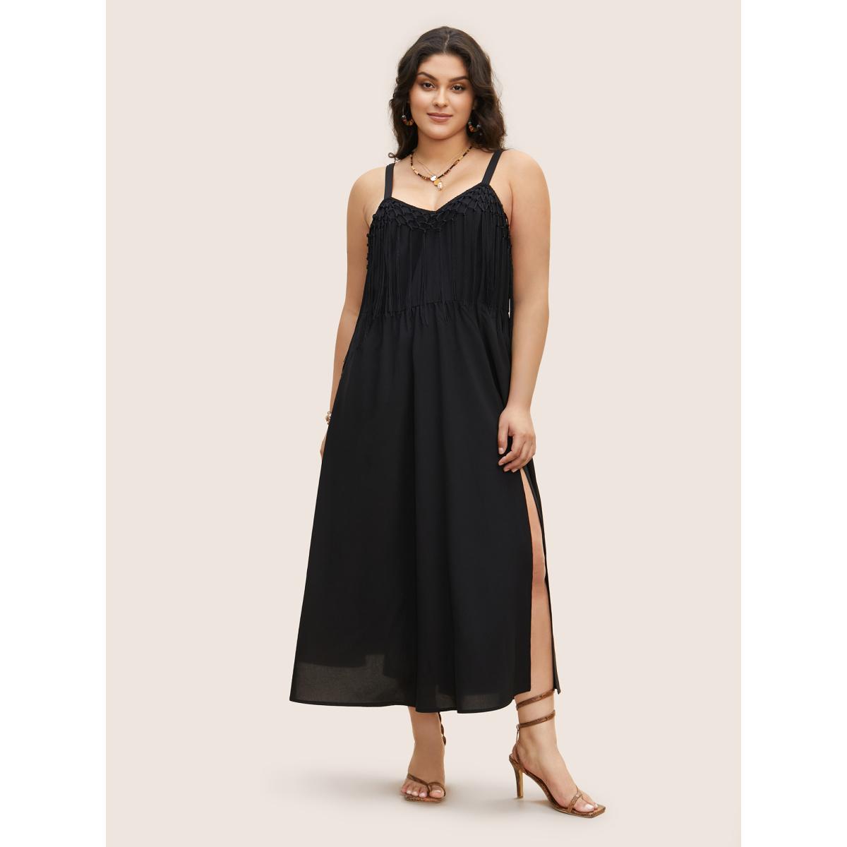 Plus Size Solid Tassel Trim Split Hem Cami Dress Black Women Resort Wraparound straps V-neck Sleeveless Curvy BloomChic 26/4X Product Image