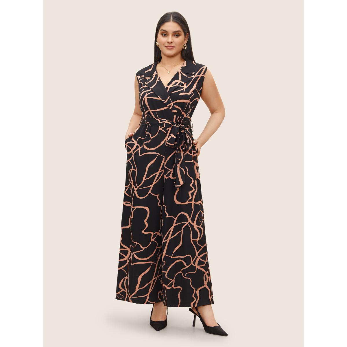 Plus Size Black Abstract Print Suit Collar Belted Jumpsuit Women At the Office Sleeveless Suit Collar Work Loose Jumpsuits BloomChic 28/5X Product Image