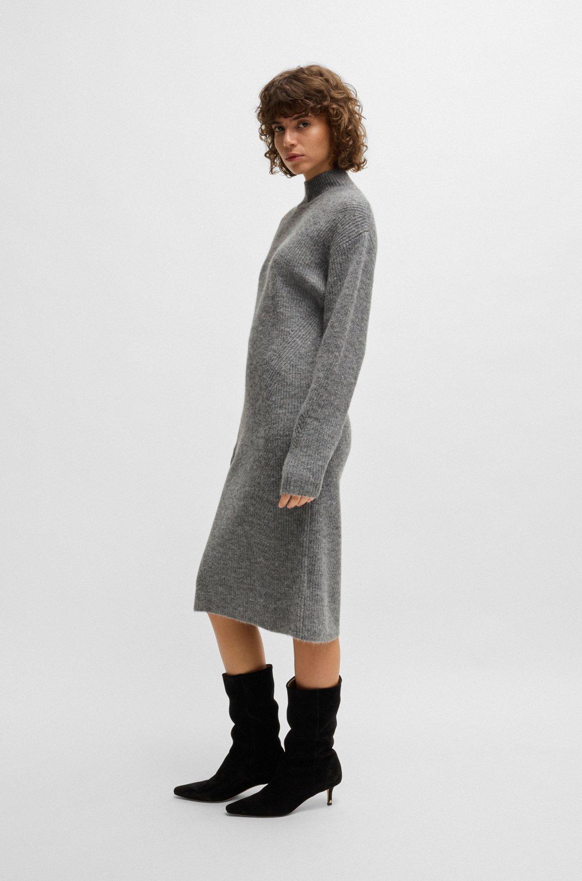 BOSS - Long-sleeved relaxed-fit dress with mixed ribbing - Silver Product Image