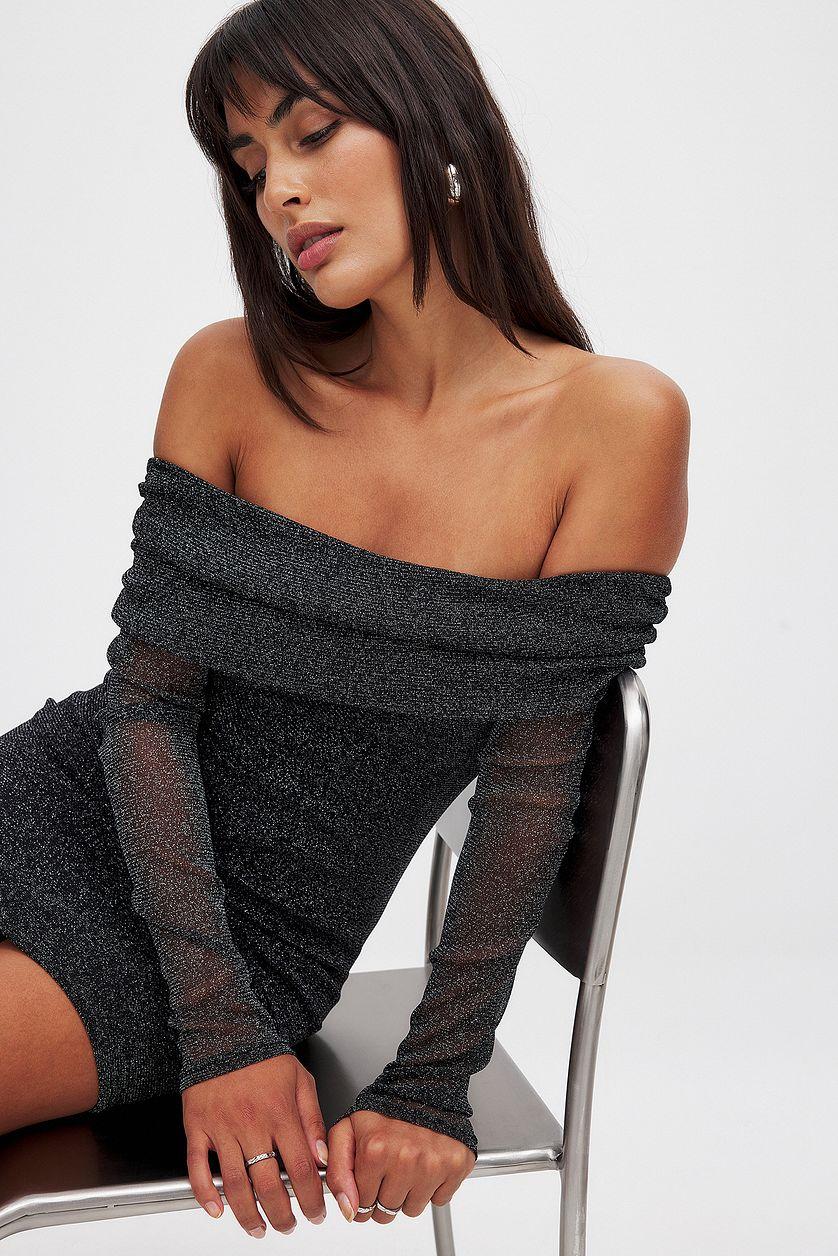 Off Shoulder Glitter Mesh Mini Dress Product Image