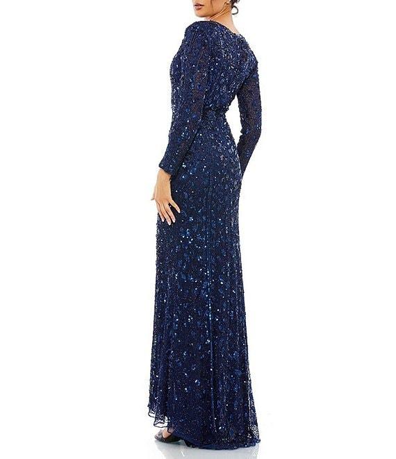 Mac Duggal Deep V-Neck Long Sleeve Thigh High Slit Beaded Sheath Gown Product Image