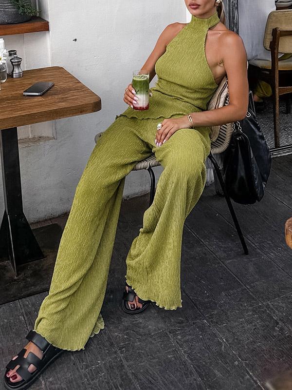 Solid Color Pleated Sleeveless Asymmetric High Neck Vest + Wide Leg Pants Two Pieces Set Product Image