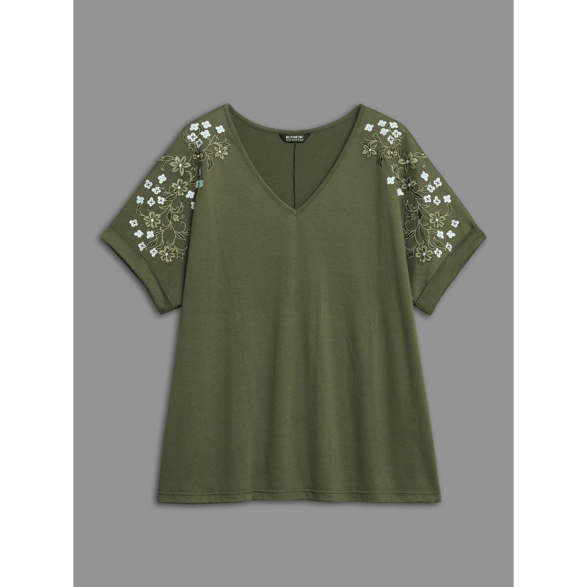 Plus Size Stretchy Embroidered Drop Shoulder T-Shirt ArmyGreen Women Timeless Roll Hem V-neck Elegant T-shirts BloomChic 22-24/3X Product Image