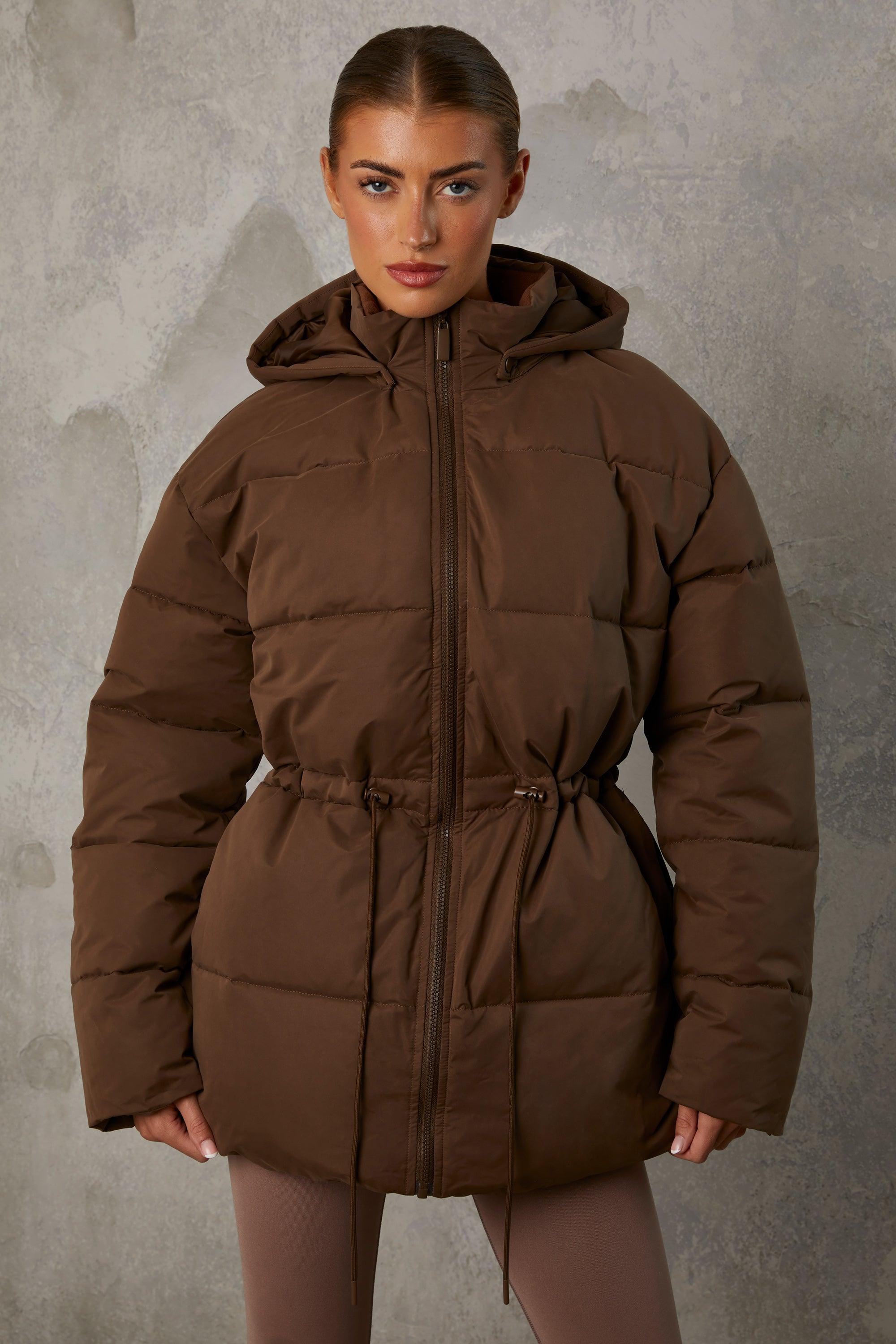 Mid Length Hooded Puffer Coat in Cocoa Brown Female Product Image