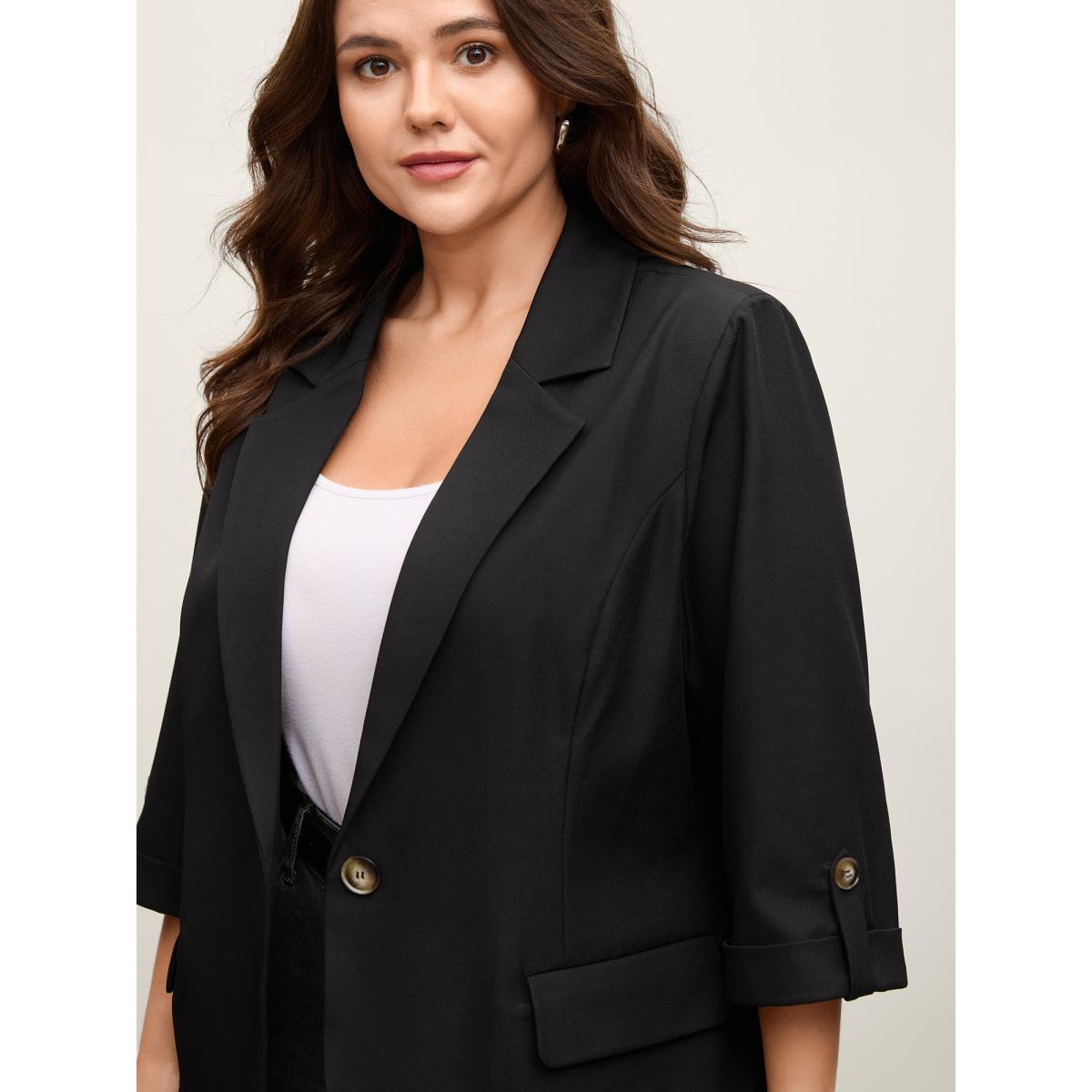 Plus Size Tab Sleeve Pockets Solid Blazer Black Women Office Roll Hem Button cuff sleeve Elbow-length sleeve Suit Collar 28/5X Open pocket with flap Office Blazers BloomChic Product Image